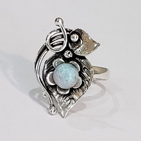Hand Crafted Jewelry - Larimar gemstone 925 silver handmade Leaf flower design ring